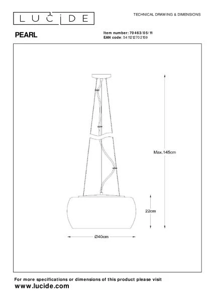 Lucide PEARL - Pendant light - Ø 40 cm - 5xG9 - Chrome - technical